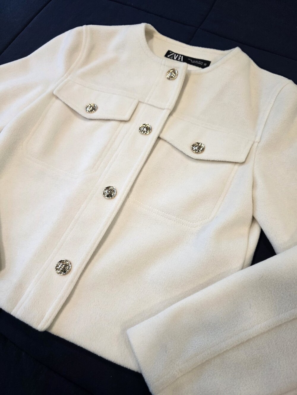 Zara Ivory Button Front Pocket Jacket with Decorative Gold Buttons